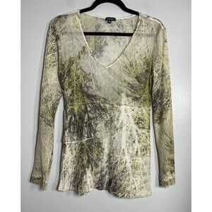 KOMAROV Crinkle Mesh Long Sleeve Shirt Medium‎ Beige Green Retro Blouse Career